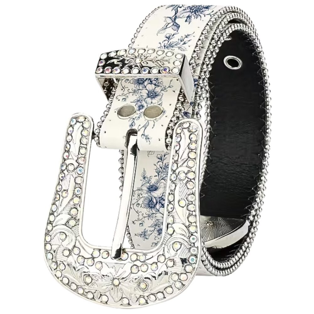 Blue And White Shabby Chic Porcelain Floral Printed Belt, in a Bohemian Style